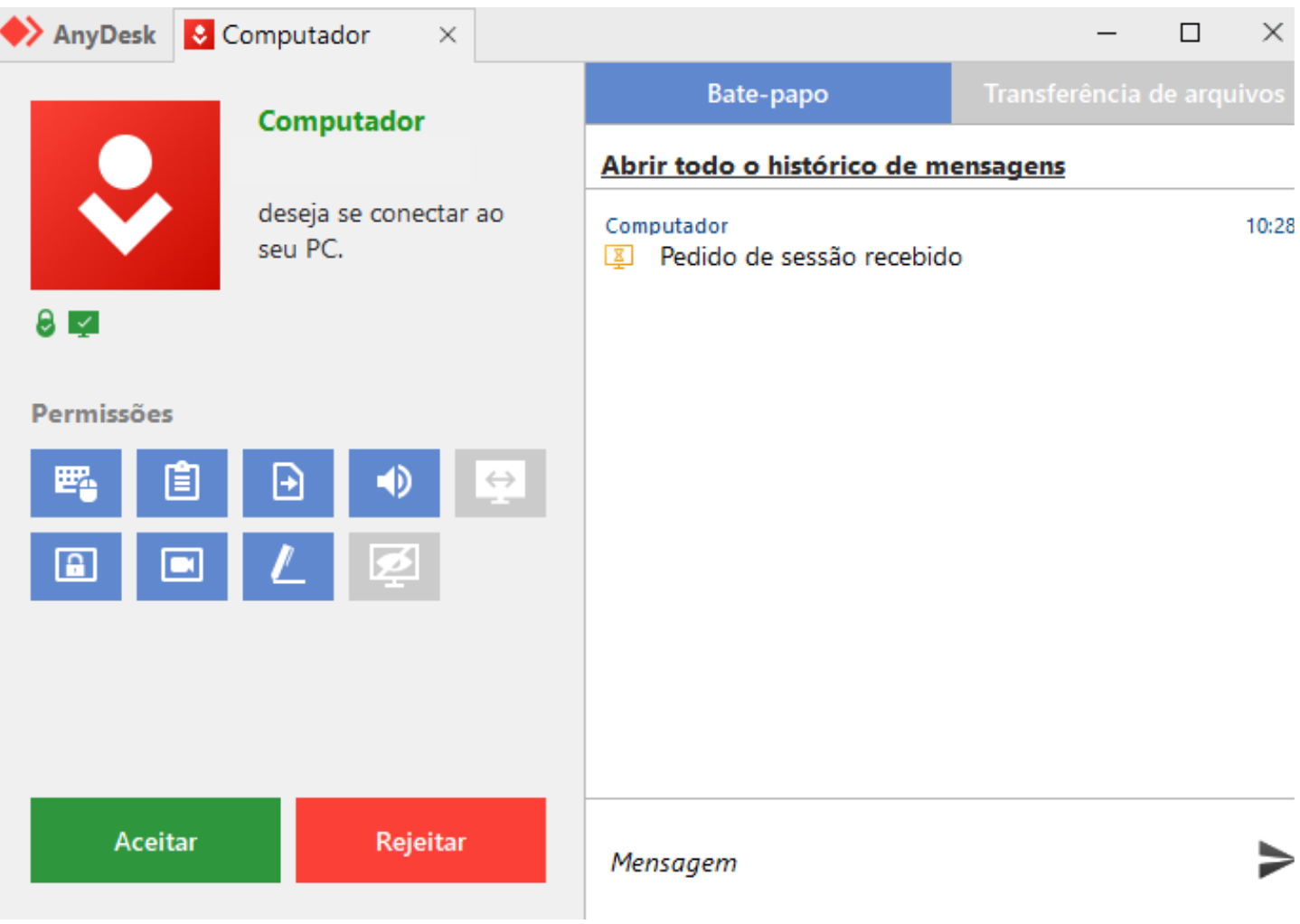 Tela de sessão do AnyDesk com permissões e opções de aceitar ou rejeitar